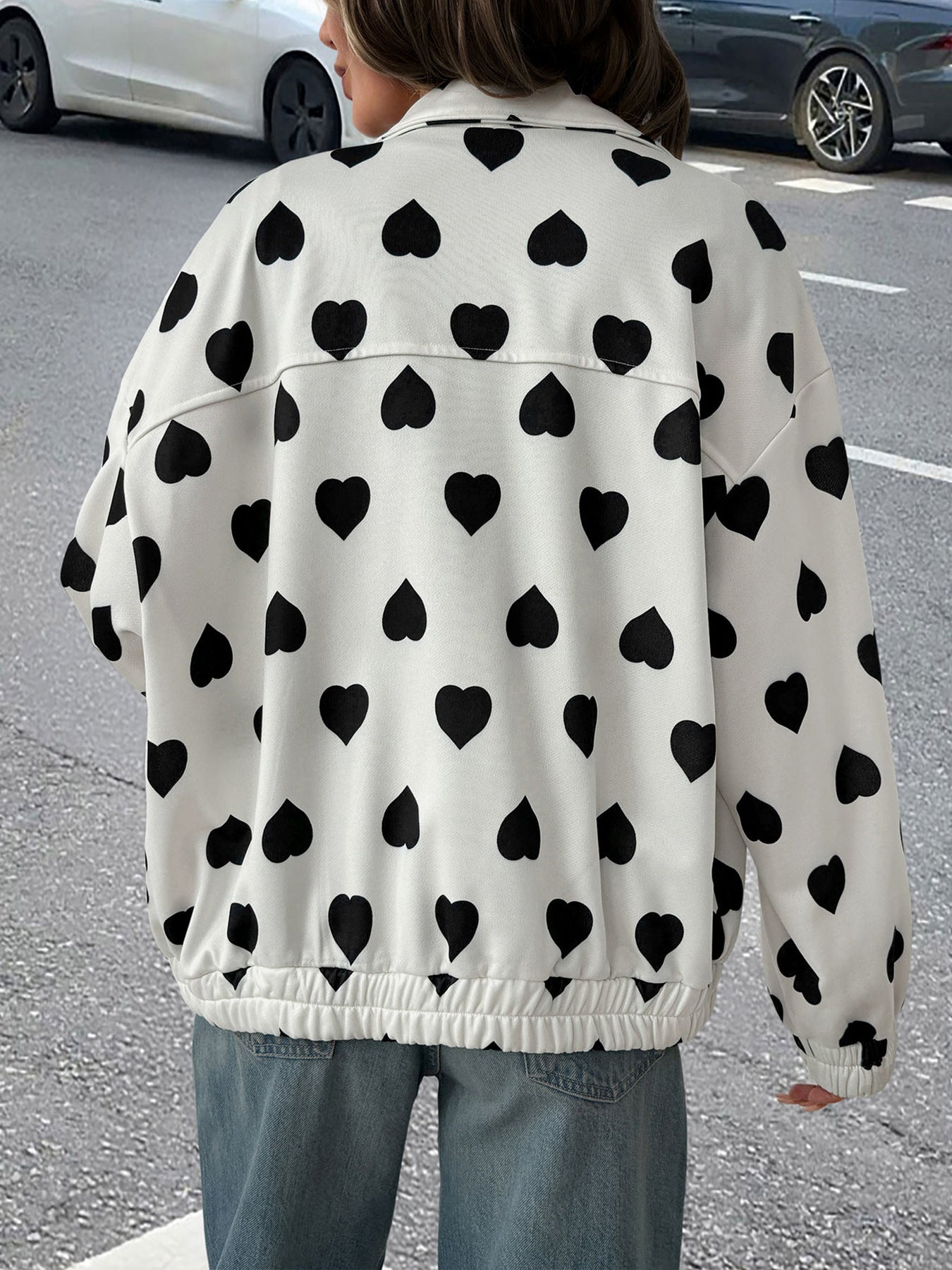 Street Casual Sweet Zipper Collared Love Coat Women Spring Autumn Jacket