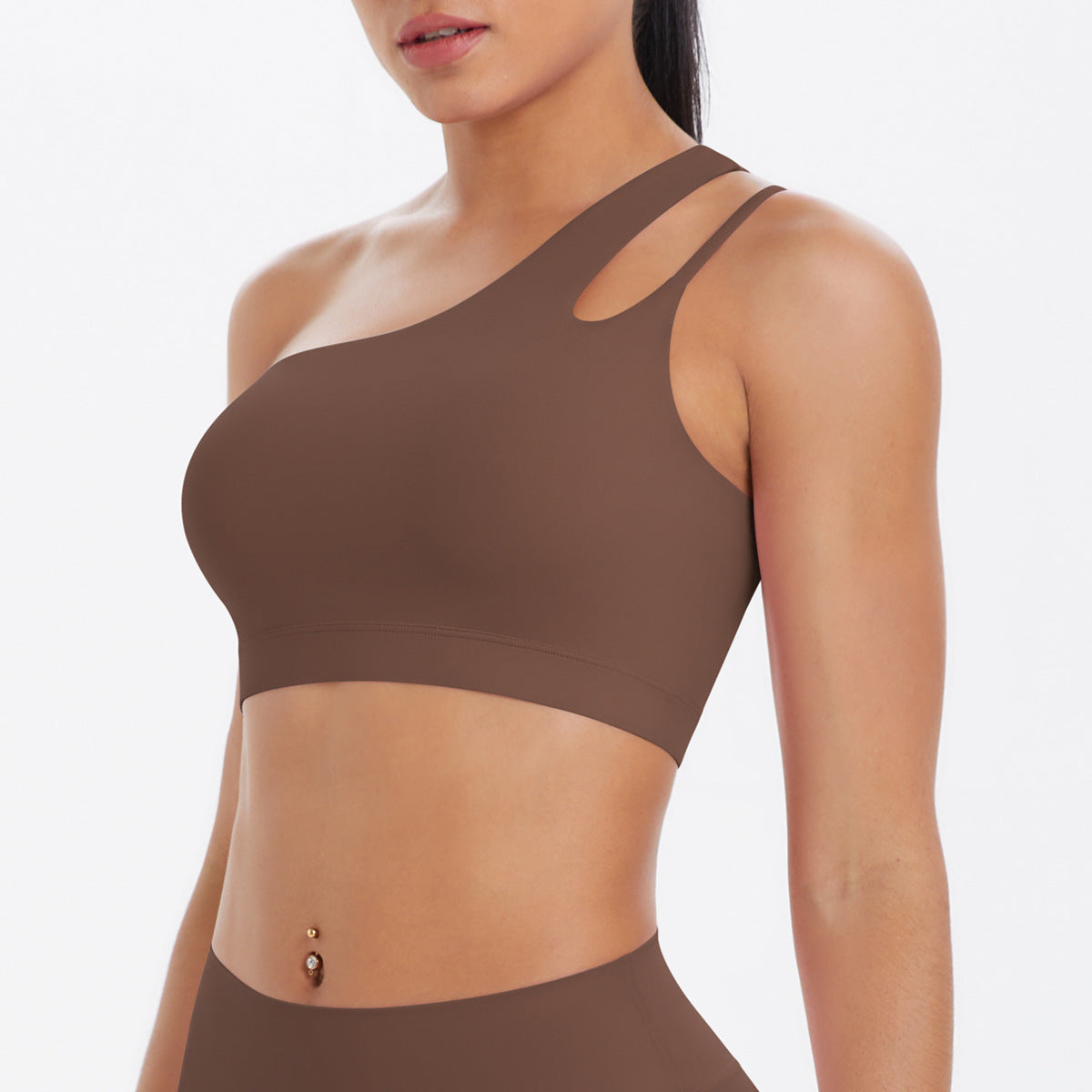 Solid Color One Shoulder Beauty Back Yoga Bra Nude Feel Push up Sports Bra Irregular Asymmetric Shoulder Strap Sports Vest for Women