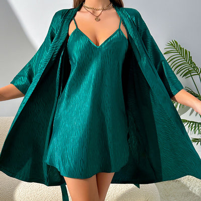Pajamas Sexy V neck Long Slip Nightdress Two Piece Sets Simple Imitated Silk Pajamas Homewear