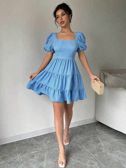 Women Elegant Fresh Sweet Dress Summer Square Collar Backless Design High Waist A line Dress