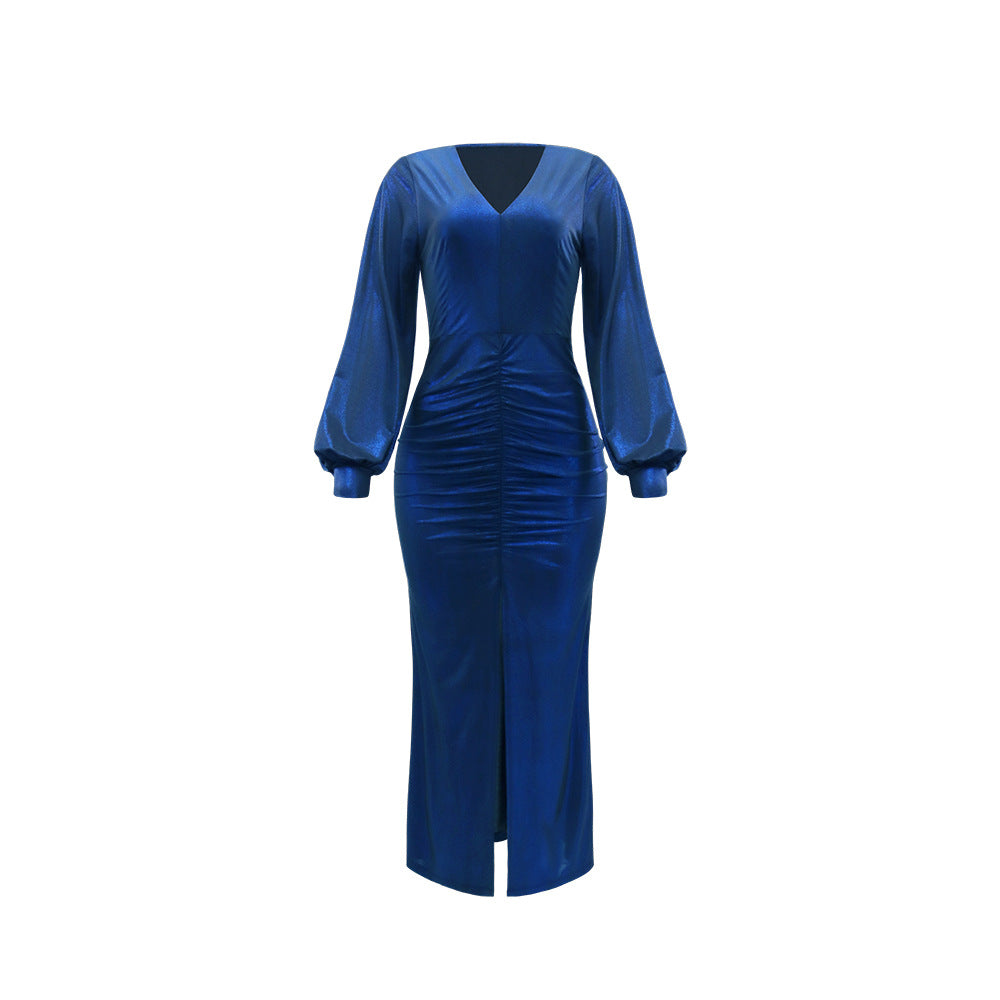 Women Clothing Dress High Slit Elegant Evening Dress Pleated Waist Tight Puff Sleeve Fishtail