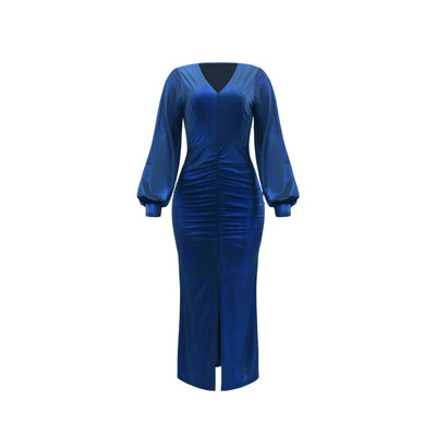Women Clothing Dress High Slit Elegant Evening Dress Pleated Waist Tight Puff Sleeve Fishtail