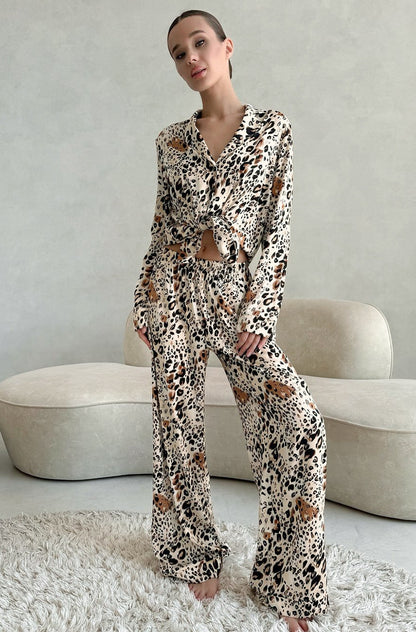 Spring Leopard Print Cardigan Pajamas Women Long Sleeved Trousers Home Wear