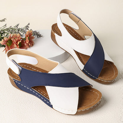 Platform Cross Wedge Sandals Women Outer Wear Contrast Color Breathable Velcro Beach Slippers