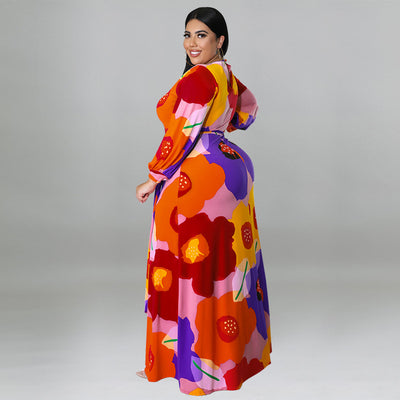 Plus Size Women Clothing Long Sleeve Dress Large Floral Printing Dress Long
