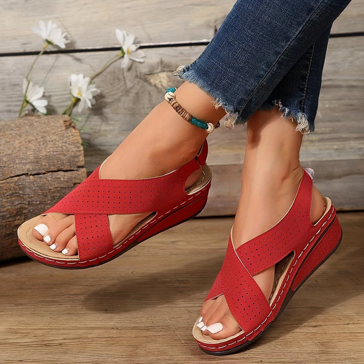 Hollow Out Cutout out Cross Strap Platform Sandals Women Velcro Solid Color Lightweight Wedge Beach Sandals - GLAMWEARS