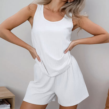 Spring Knitted Sunken Stripe Ladies Homewear Vest Shorts Two Piece Set Casual Soft Simple Pajamas