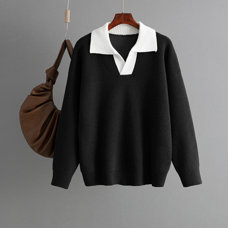 Autumn Winter Knitted Top Women Color Matching Polo Collar Loose Pullover Sweater Outerwear Sweater