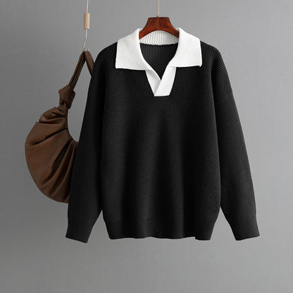 Autumn Winter Knitted Top Women Color Matching Polo Collar Loose Pullover Sweater Outerwear Sweater