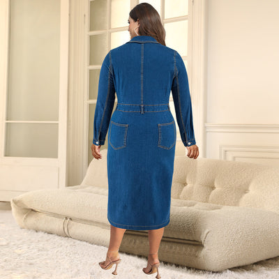 Plus Size Women Clothing Denim Collared Long Sleeve Button Mid Length Dress