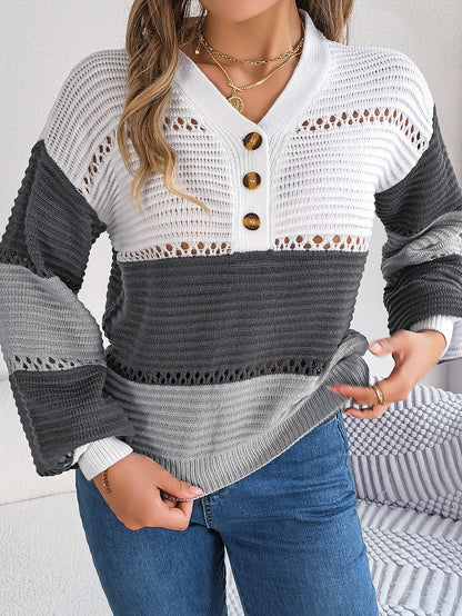 Autumn Winter Casual Button V neck Hollow Out Cutout Color Matching Lantern Sleeve Pullover Sweater Women Clothing