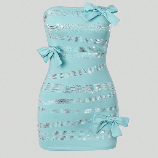 Popular off Shoulder Butterfly Rhinestone Sheath Dress Dress Milk Silk Outer