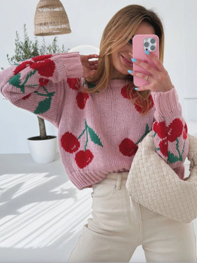 Women Autumn Winter Crew Neck Pullover Sweater Yin Peach Jacquard Casual Loose Long Sleeve Knitwear