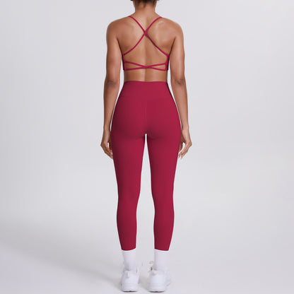 Nude Feel No Embarrassment Line Sports Trousers Sexy Shoulder Strap Beauty Back Running Fitness Pants Yoga Clothes Set