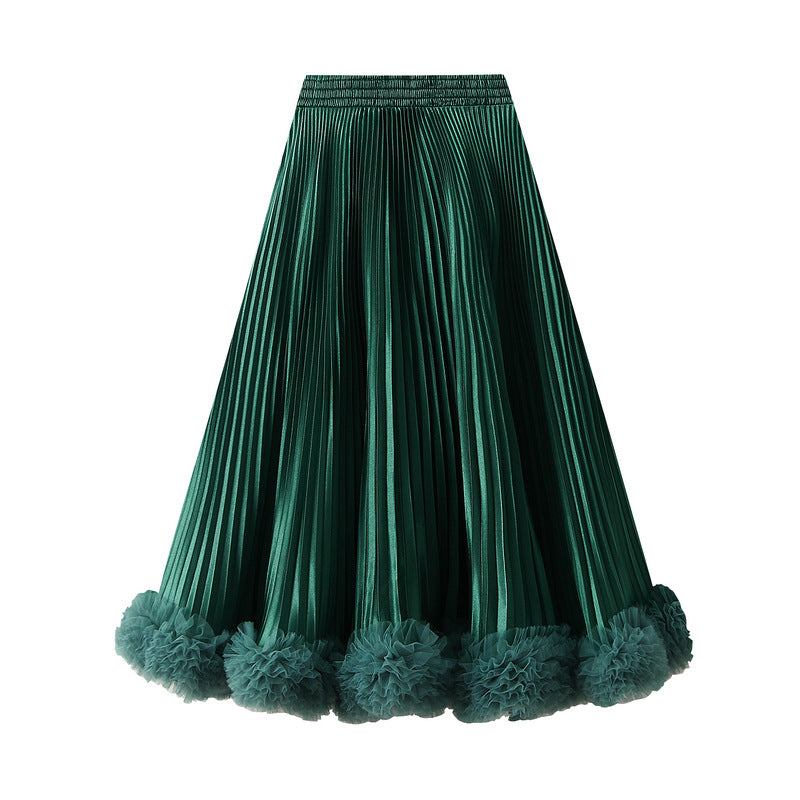 Elegant Pleated Petal Skirt Women High Grade Mid Length A line Skirt Wooden Ear Skirt