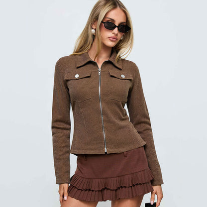 Women Clothing Dark Brown Casual Street Fall/Winter Slim All Match Y2g Cargo Jacket Coat