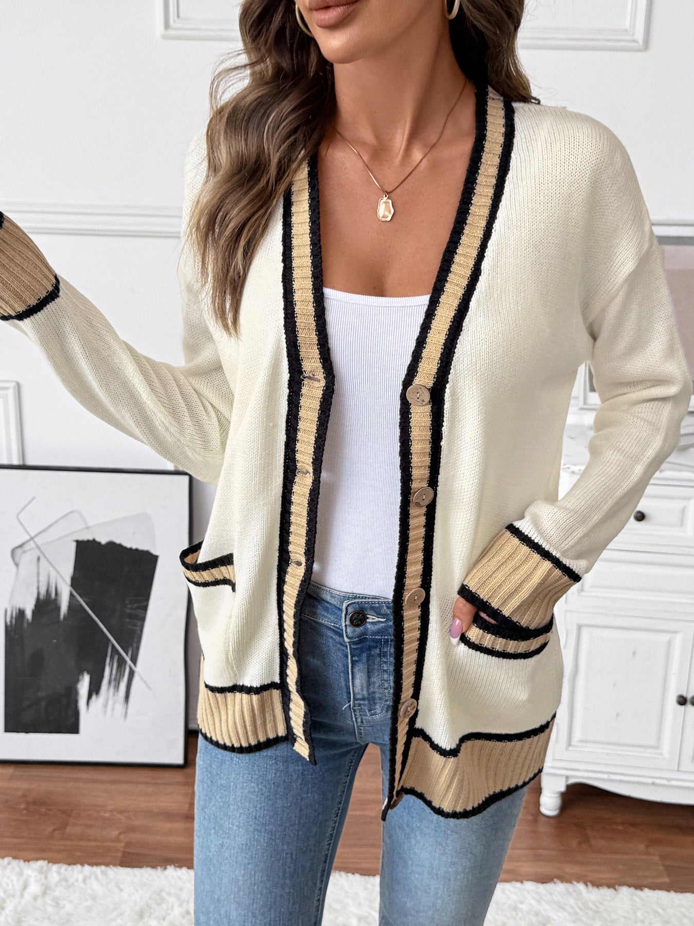 Autumn Winter Workplace Casual Laid Back Loose V Collar Contrast Color Sweater Cardigan for Women