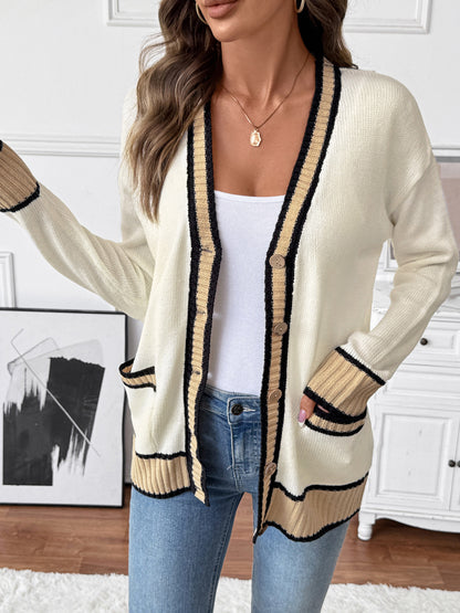 Autumn Winter Workplace Casual Laid Back Loose V Collar Contrast Color Sweater Cardigan for Women