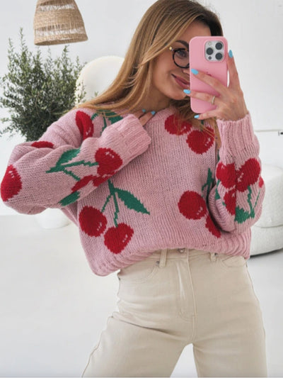 Women Autumn Winter Crew Neck Pullover Sweater Yin Peach Jacquard Casual Loose Long Sleeve Knitwear