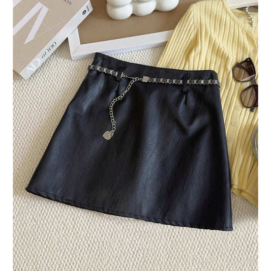 Brown Super Popular Faux Leather Skirt Skirt Women Spring Autumn A line Skirt Design Chain Anti Exposure Slim Fit Hip Skirt