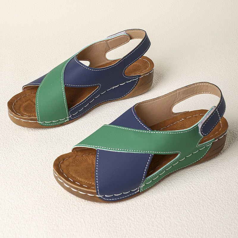 Platform Cross Wedge Sandals Women Outer Wear Contrast Color Breathable Velcro Beach Slippers