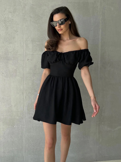 Off Shoulder Short Sleeve Dress Summer Lace up Cinched Short Dress Puff Sleeve Dress