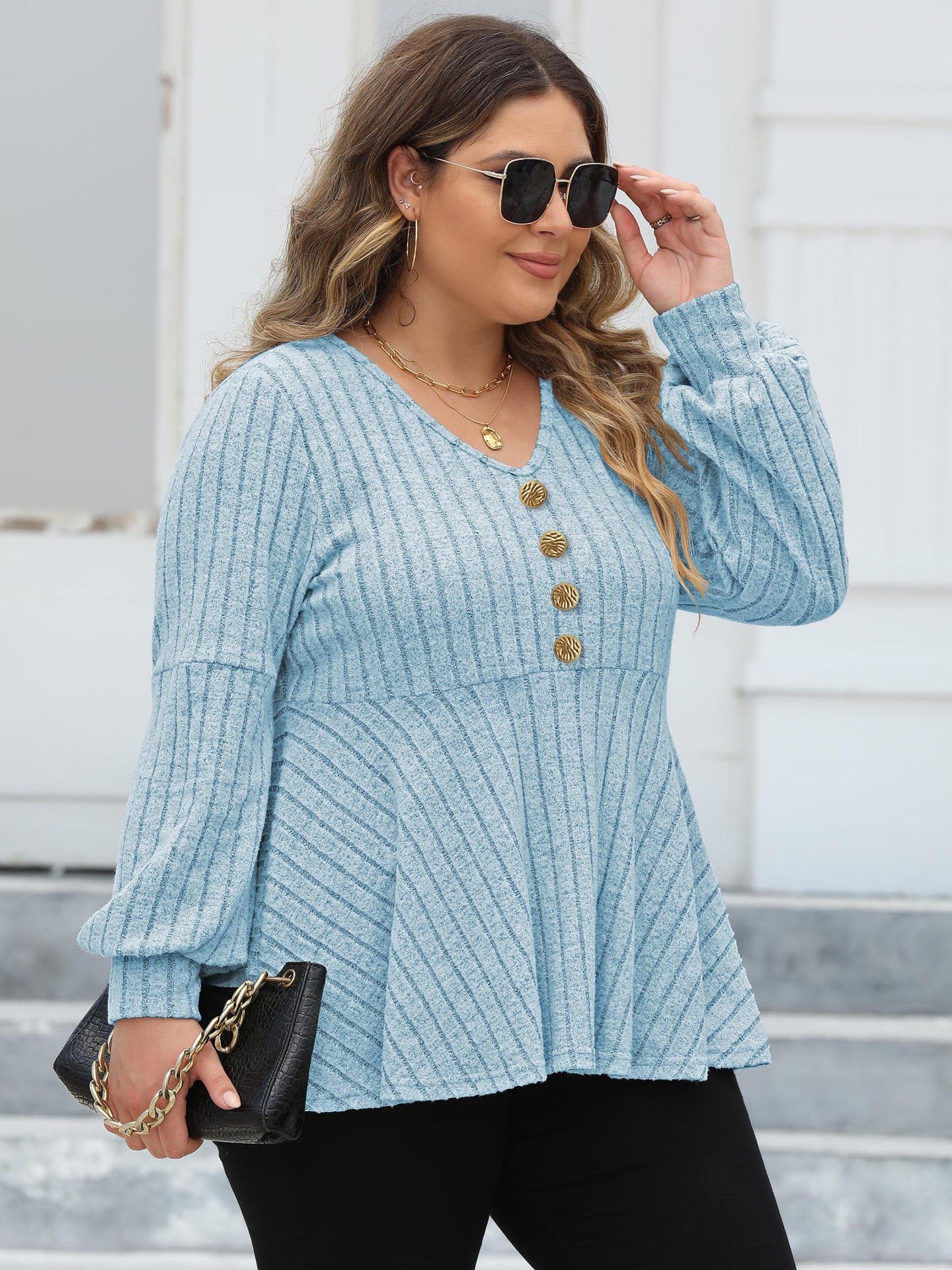 Women Tops plus Size Women Doll Shirt V neck Sunken Stripe Fleece Lantern Sleeve T shirt Gold Fastener Decoration Top