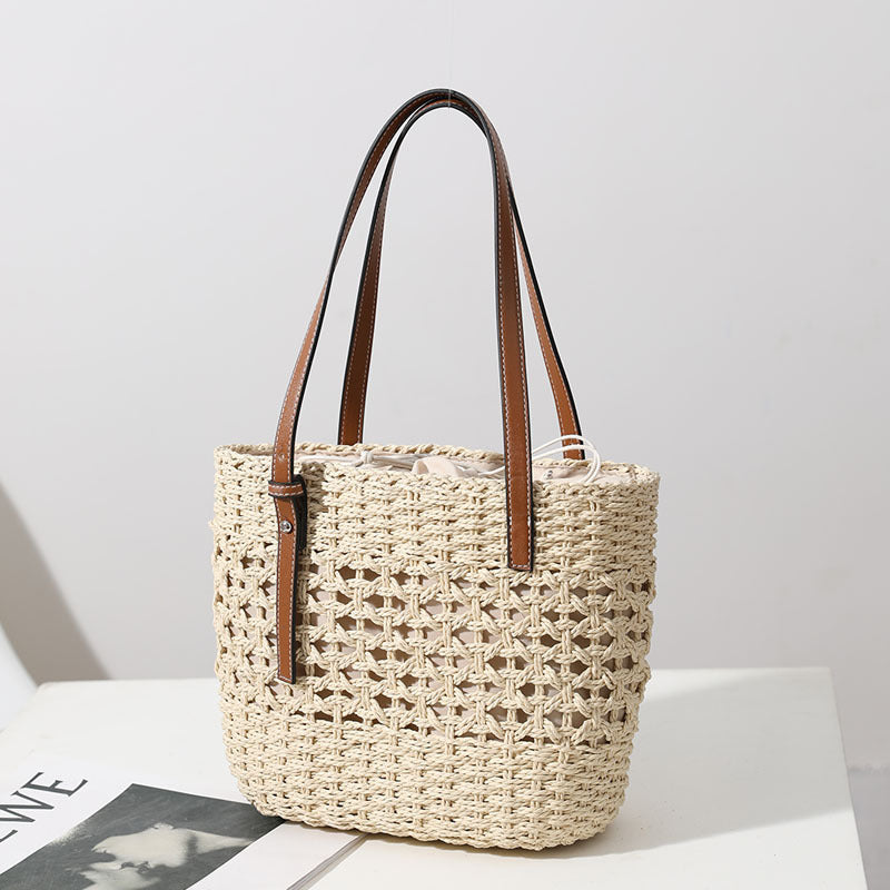 Straw Woven Bag Women Hollow Out Cutout Handmade Straw Bag Woven Bag Shoulder Portable Straw Weaved Bag Seaside Vacation Beach Bag - GLAMWEARS