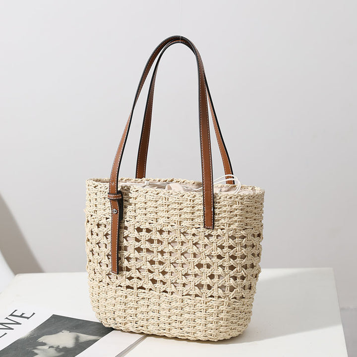 Straw Woven Bag Women Hollow Out Cutout Handmade Straw Bag Woven Bag Shoulder Portable Straw Weaved Bag Seaside Vacation Beach Bag - GLAMWEARS