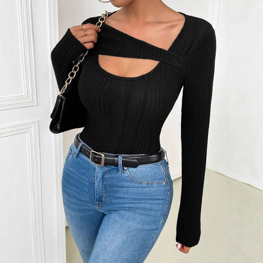 Autumn Women Asymmetric Collar Hollow Out Cutout Design Long Sleeved T shirt Top for Women