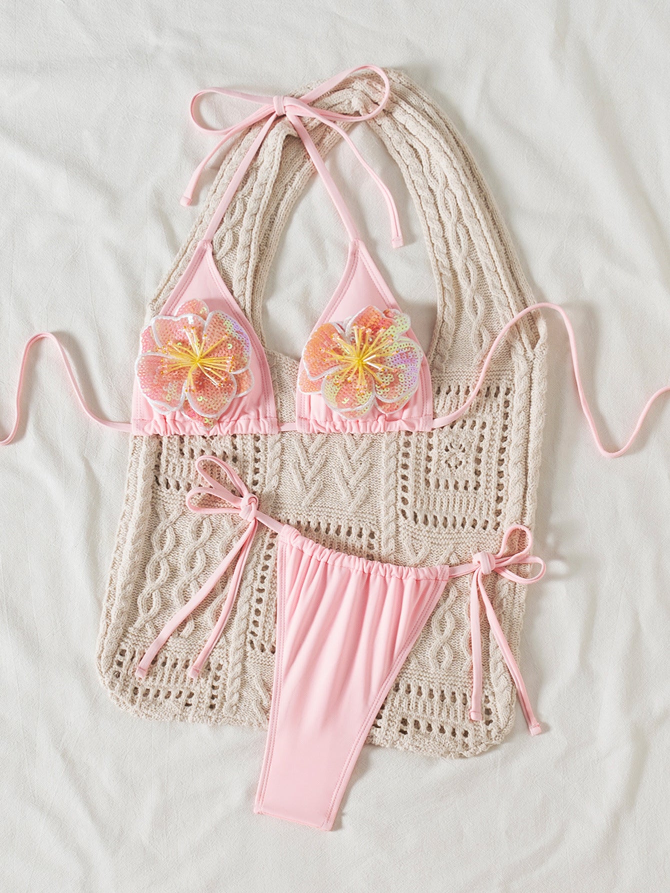 Solid Color Sexy Backless Lanyard Halter Bikini Two Piece Sets Three Dimensional