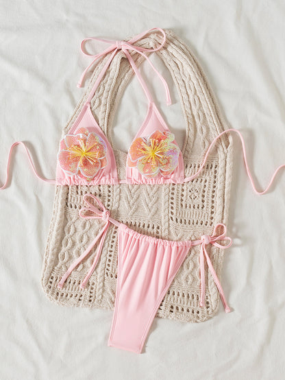 Solid Color Sexy Backless Lanyard Halter Bikini Two Piece Sets Three Dimensional