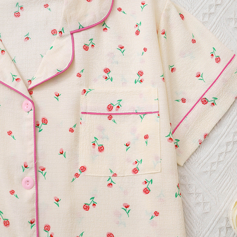 Summer Bubble Wrinkle Pink Floral Cute Cartoon Short Sleeve Shorts Women Thin Homewear Two Piece Sets