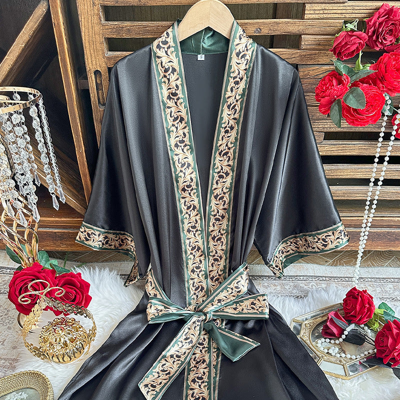Ice Silk Nightdress Four Seasons Simplicity Homewear Sexy Mid Length to Long Cardigan Nightgown Bathrobe Women Chinese Nightgown