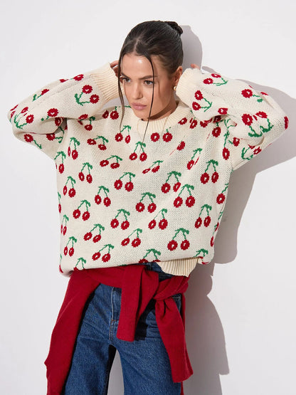 Cherry Printed Sweater Idle Loose Knitted Pullover Autumn Winter Sweet Cherry Sweater
