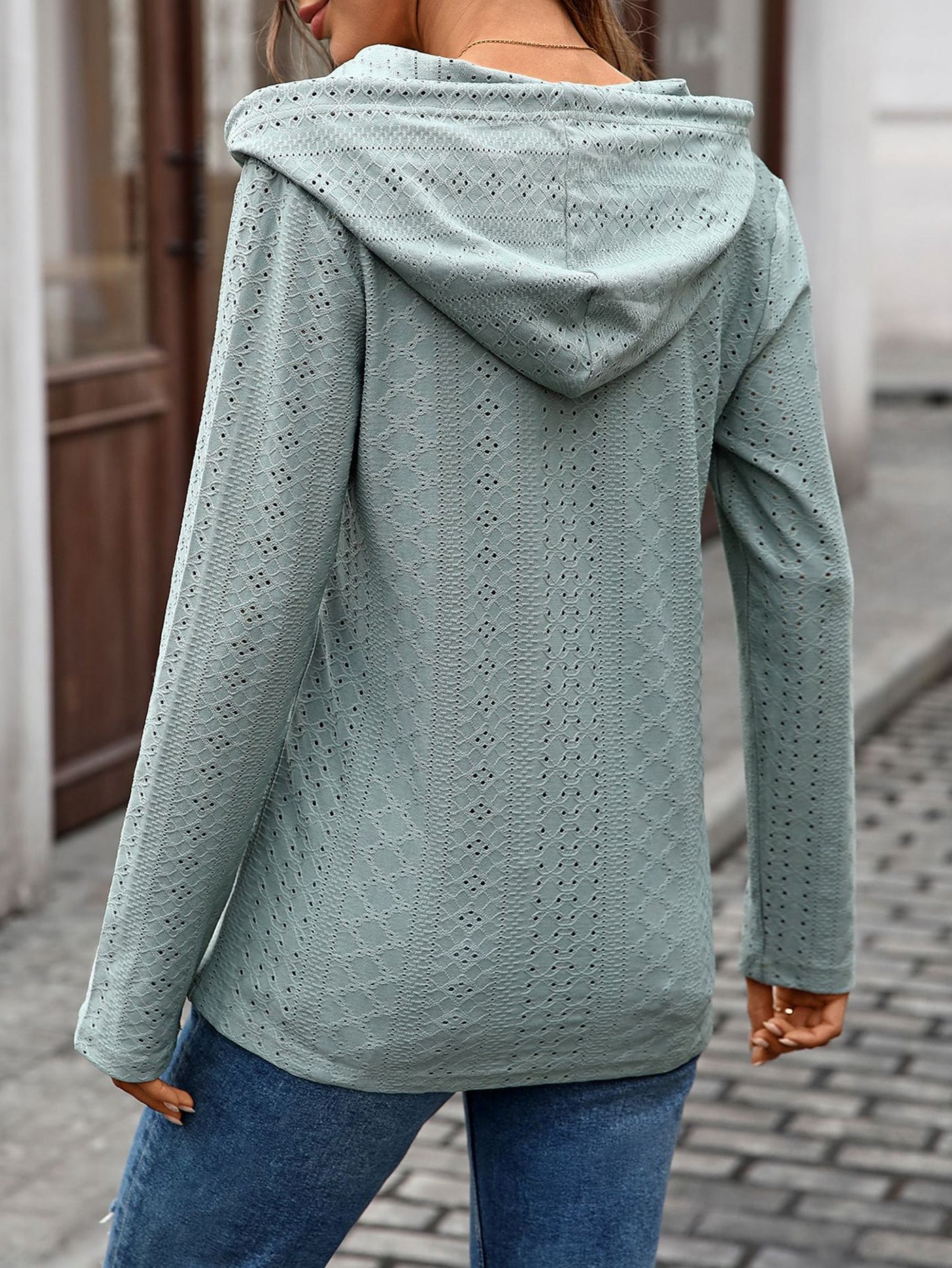 Autumn Winter Solid Color Buttons Hooded Loose Long Sleeves Sweater Top Women