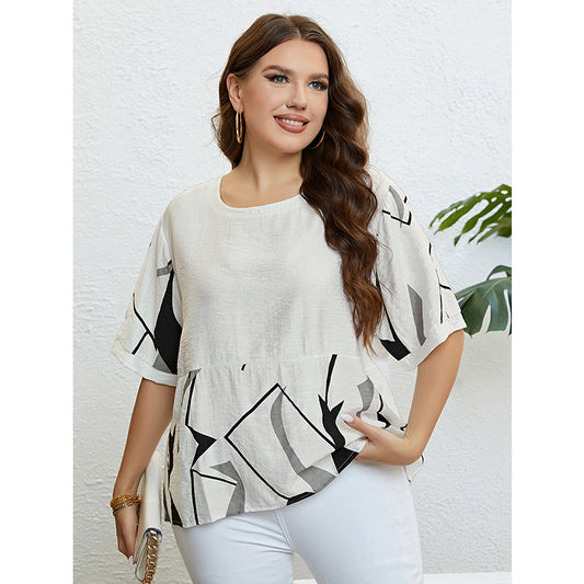 Plus Size Round Neck Art Printed Top Popular Printed Loose Casual