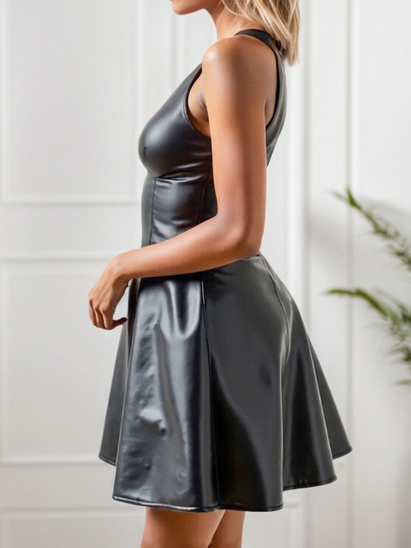 Women Skirt V neck Backless Sexy Dress A line Skirt Waist Tight Faux Leather Dress