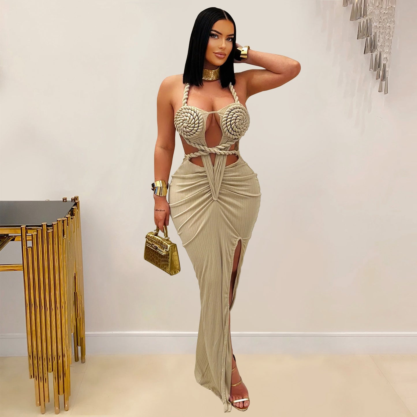 Women Wear Sexy Knitted Halter Backless Solid Color Dress