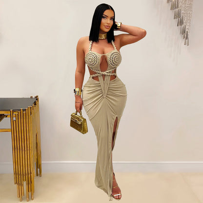 Women Wear Sexy Knitted Halter Backless Solid Color Dress