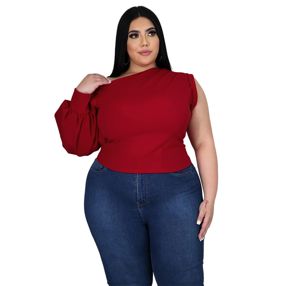 Plus Size Solid Color Shoulder Shoulder Sleeve Asymmetric Top Women