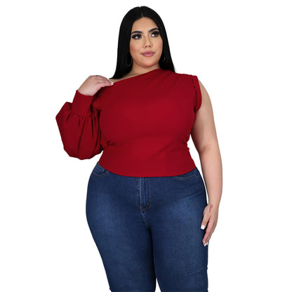 Plus Size Solid Color Shoulder Shoulder Sleeve Asymmetric Top Women