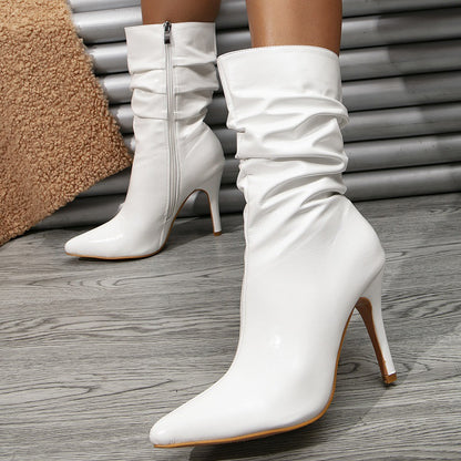Heels Pointed Toe High Heel Short Boots White Fine Heel Pleated Short Boots Pointed Toe Skinny British Ankle Boots