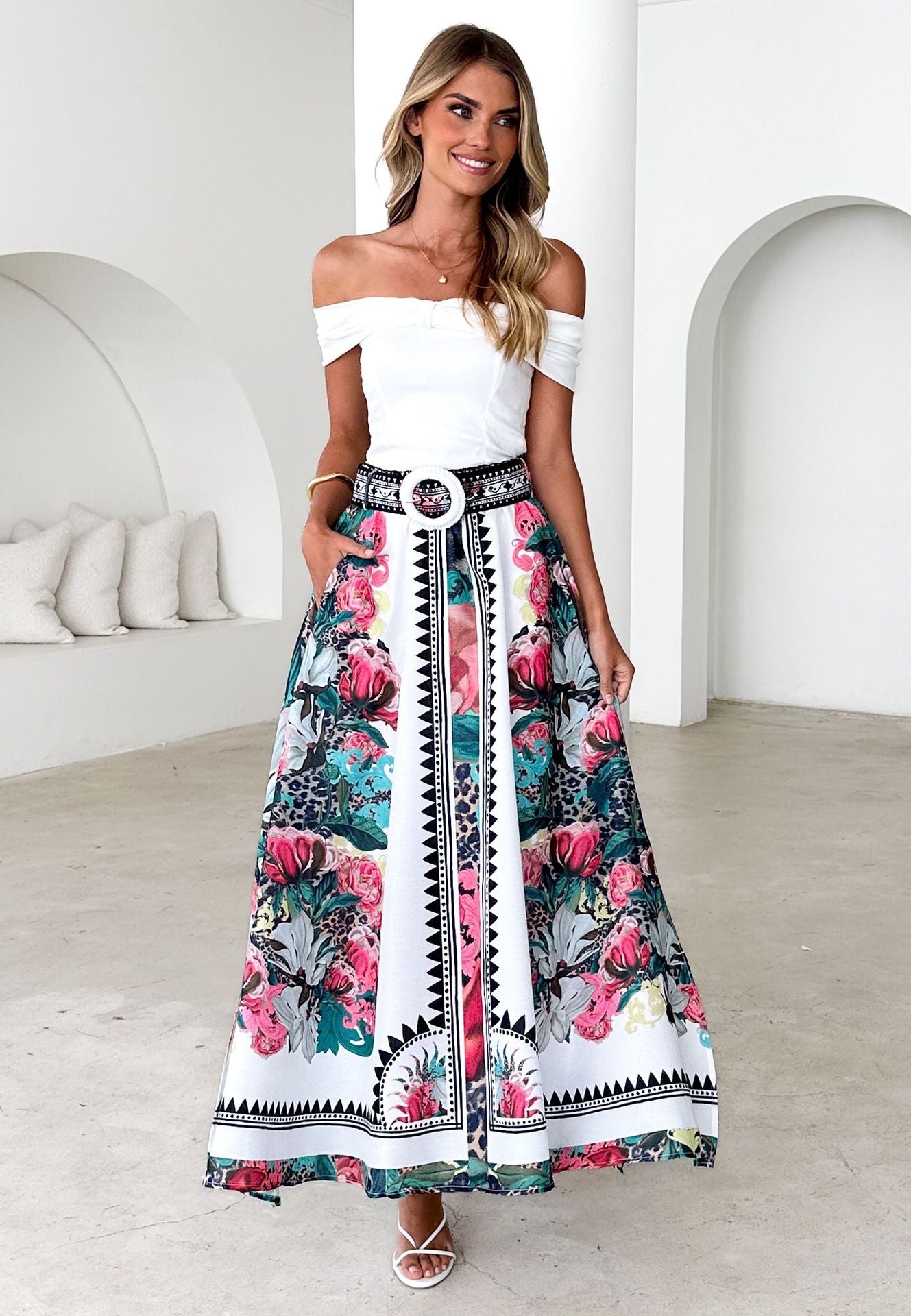 Women Summer High Waist Elastic Waist Loose Printed Long Skirt