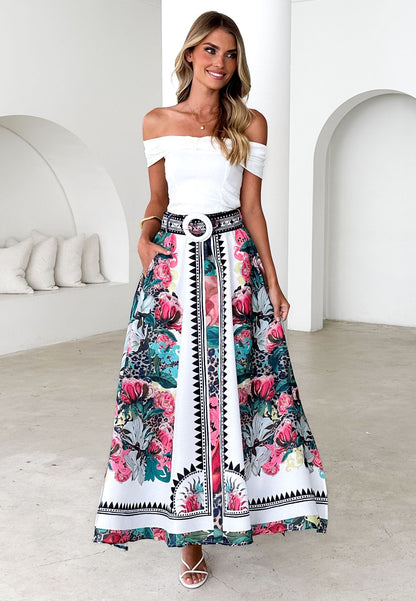 Women Summer High Waist Elastic Waist Loose Printed Long Skirt