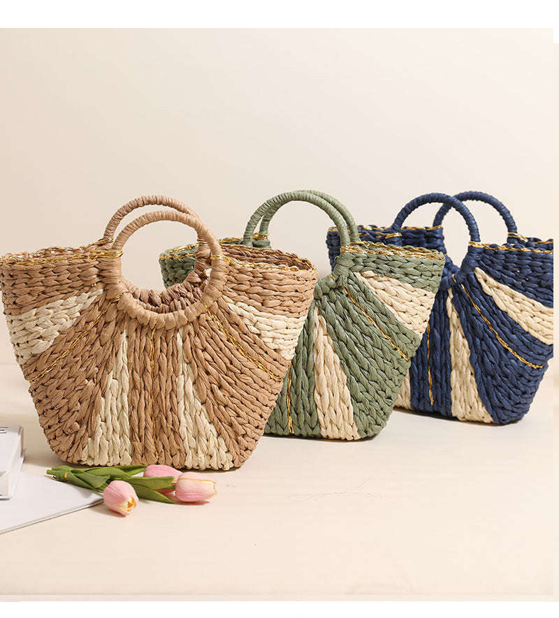 Pastoral Large Capacity Portable Straw-Weaved Bag Contrast Color Hand Carrying Straw Bag Woven Bag Vacation Beach Bag Vegetable Basket