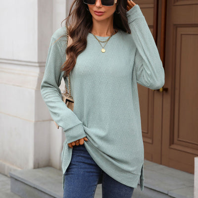 Autumn Winter round Neck Geometric Abstract Jacquard Loose Fitting Long Sleeved T shirt Top Women