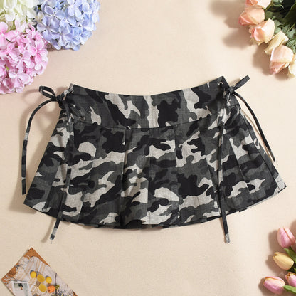 Sexy Camouflage Trendy Pleated Skirt Women Clothing Lace up Zipper Low Waist Skirt Women