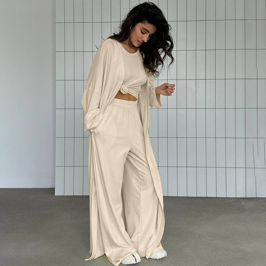Summer Pajamas Three Piece Knitted Solid Color Top Trousers Loose Comfortable Home Wear