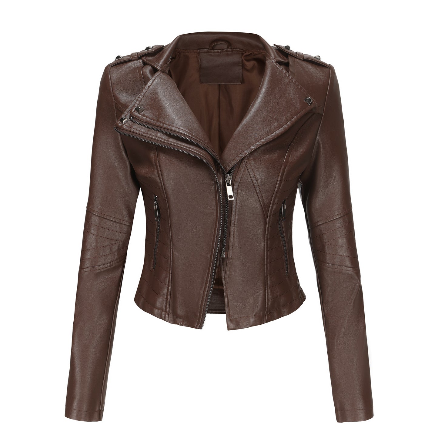 Slim Fit Long Sleeved Spring Autumn Leather Jacket Women Rivet Popular Short Jacket Zipper Leather Jacket